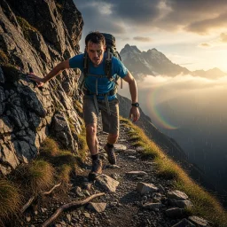 A hiker climbs a narrow rocky trail beside a steep cliff, leaning forward with a focused, strained expression. Mountains, clouds, rain streaks, warm sunlight, and a faint rainbow fill the background.