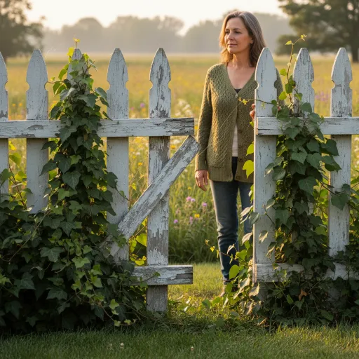Green vines spread over a worn white picket fence and partly open gate, while a woman stands just behind it in a sunlit field. The overgrowth visibly covers and advances across the fence.