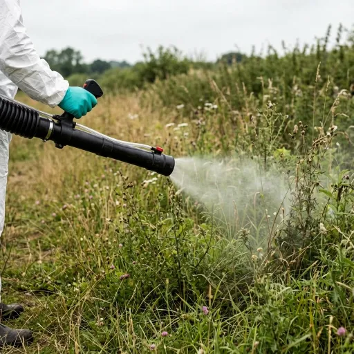 A partially visible person in a white protective suit and teal gloves sprays mist from a long black nozzle onto tall weeds and grass in an open field.