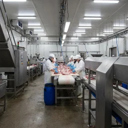 Workers in protective clothing handle raw meat on a central table or conveyor inside a bright industrial meat processing room filled with stainless steel machinery, overhead pipes, hoses, and fluorescent lights.