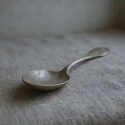 A tarnished metal spoon lies on a gray textured cloth. The muted colors, soft focus, and low light emphasize its worn, dull surface.