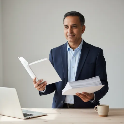 A professionally dressed man stands at a table holding an open blank book and a thick stack of papers. An open laptop and a mug sit nearby against a simple gray background.