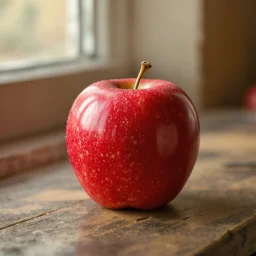 A glossy red apple with pale speckles sits upright on a worn wooden table. A blurred window in the background casts warm light across the close-up scene.