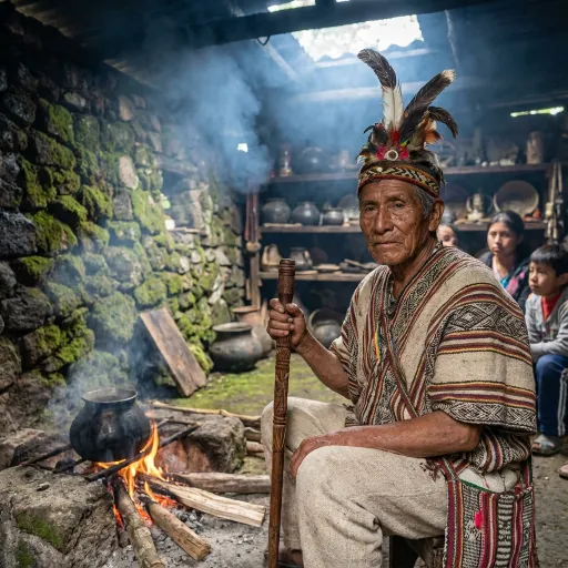 An older man in a feathered headdress and patterned woven clothing sits beside a small indoor fire, holding a carved staff. Smoke, stone walls, shelves of pottery, and seated people in the background surround him.