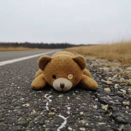 A brown stuffed toy bear lies face-down on rough asphalt beside an empty road, with dry grass on one side and a blurred tree line under a gray sky in the distance.