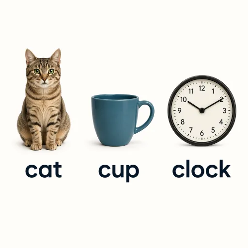 A cat, a cup, and a clock are shown side by side on a plain background, each labeled below with the words "cat", "cup", and "clock".
