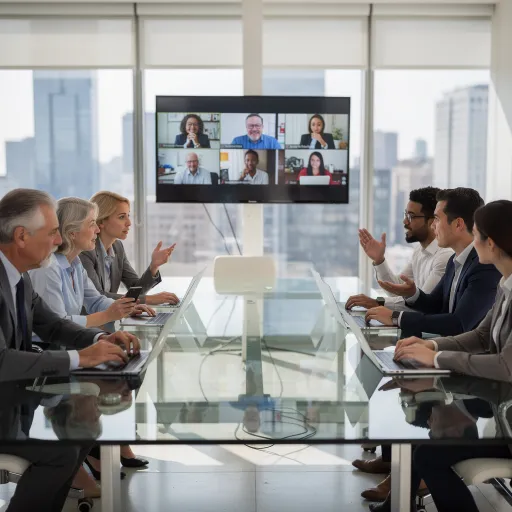 Professionally dressed people sit around a glass conference table with laptops while a wall-mounted screen shows a multi-person video call. Some participants gesture toward one another, suggesting an active hybrid meeting.