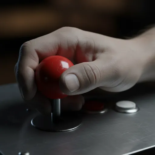 A hand grips a red ball-top joystick mounted on a gray metal control panel. Nearby red and white round buttons are visible, with a dark blurred background and focused close-up lighting.