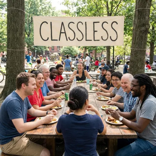 A diverse group of adults eats and talks around a long picnic table in a sunny park. A cloth banner tied between trees above them reads “CLASSLESS.”