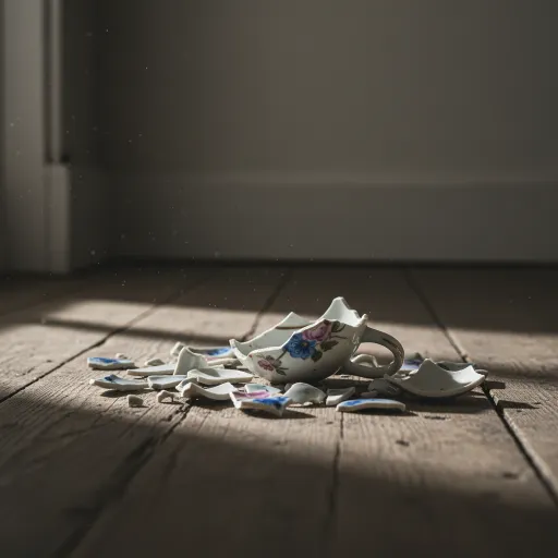 A broken floral porcelain teacup lies shattered across a wooden floor in a beam of sunlight. Dust floats in the air, and the dark blurred background makes the scattered shards stand out.