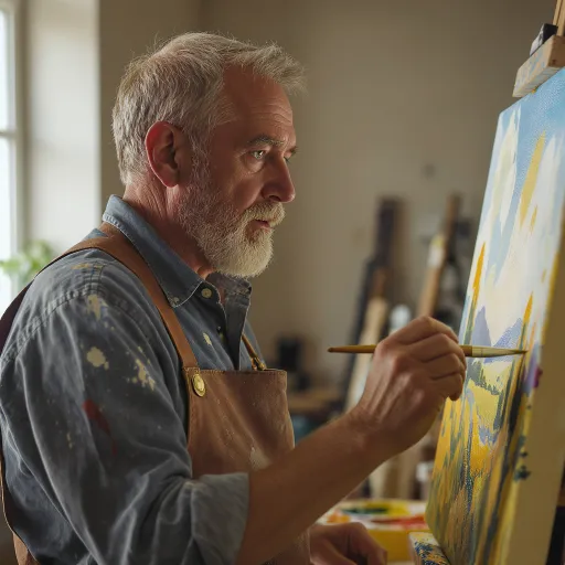 An older gray-haired painter in a paint-splattered shirt and brown apron works on a colorful canvas at an easel. Warm window light falls across him while the background remains softly blurred.