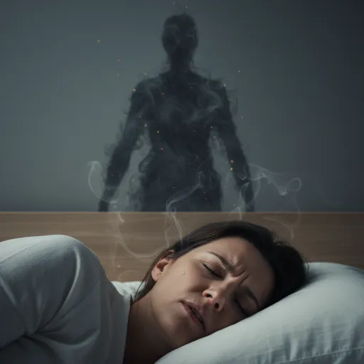 A sleeping person lies tense on a pale pillow, with closed eyes, a furrowed brow, and a tear on their cheek. Behind the wooden headboard, a dark smoky humanlike silhouette with wisps and orange sparks looms in the dim blue-gray room.