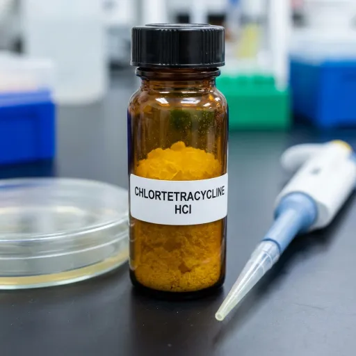 Amber glass bottle containing yellow-orange powder labeled “CHLORTETRACYCLINE HCl” on a laboratory work surface, with a clear dish beside it and a pipette lying nearby.