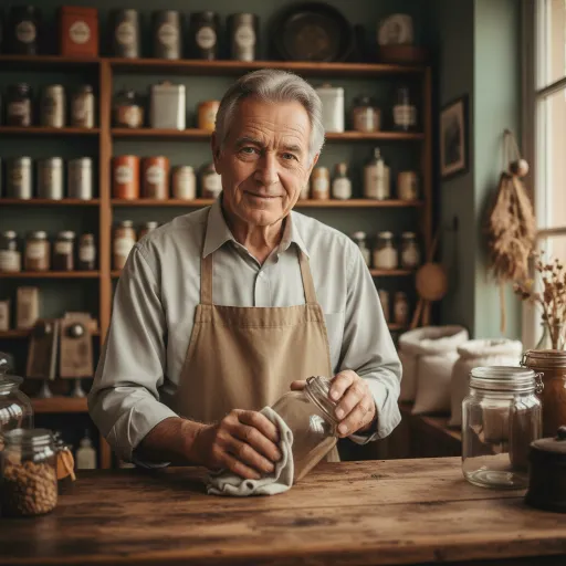 An older man in an apron stands behind a wooden counter, wiping a glass jar with a cloth. Shelves of jars, tins, and bottles fill the background, suggesting a small traditional shop.