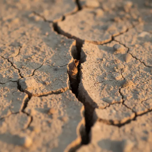 Close-up of pale, cracked dry earth with a deep central fissure and a small curled brown leaf caught inside it. Warm sunlight highlights the rough, dusty texture.