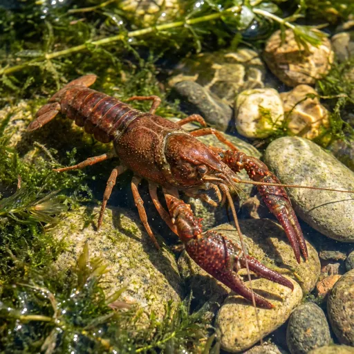 A reddish-brown crayfish rests in clear shallow water among rounded stones and green aquatic plants. Its large claws, long antennae, segmented tail, and speckled shell are clearly visible.
