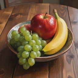 A realistic still life painting shows a bowl of fruit on a wooden table, with green grapes, a red apple, a yellow banana, and a partially hidden peach. Soft light and glossy highlights make the fruit appear lifelike.