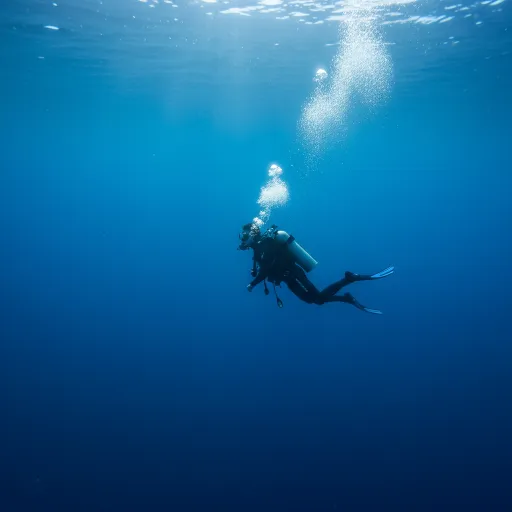 A scuba diver swims through clear blue water, releasing a trail of bubbles toward the sunlit surface above. The surrounding ocean is open and empty, fading darker below.