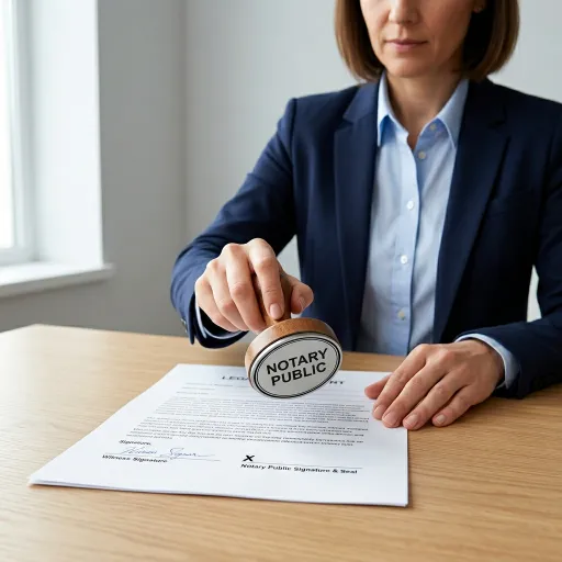 A professionally dressed woman presses a stamp labeled “NOTARY PUBLIC” onto a signed document on a wooden desk. The paper includes signature lines and the label “Notary Public Signature & Seal.”