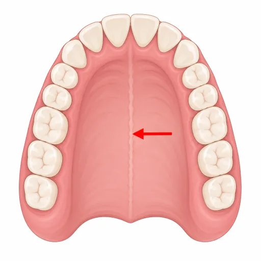 Medical-style illustration of the upper palate and teeth, with a red arrow pointing to the raised central ridge along the roof of the mouth. The background is plain white.