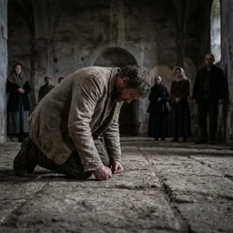 A bearded man in ragged clothing kneels with his head bowed and hands clenched on a rough stone floor, while several people stand behind him in a dim, old arched interior.