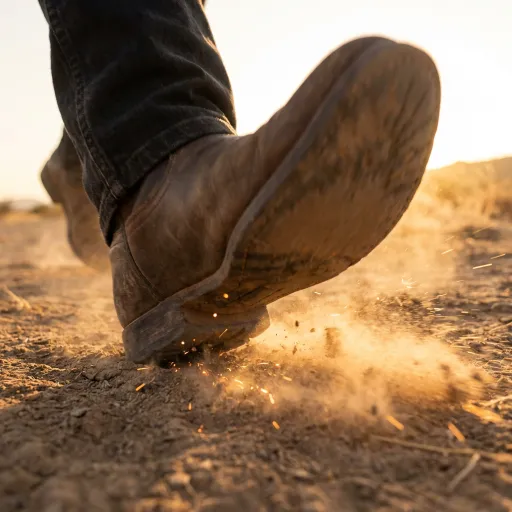 A worn brown boot steps forcefully into dry dirt, kicking up dust and small orange sparks. Warm sunlight backlights the close-up scene, with another boot and dark pants partly visible behind.
