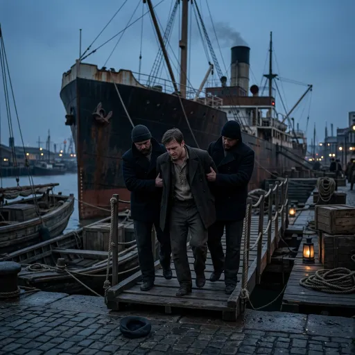 Three men cross a wooden harbor gangway, with two dark-coated men holding a disheveled man between them. A large rusted steamship, ropes, crates, lanterns, wet cobblestones, and misty evening dock lights surround them.