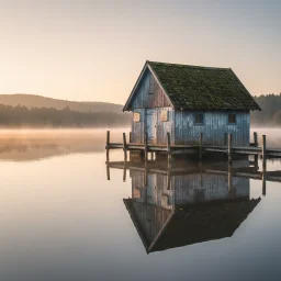A weathered wooden boathouse stands on a dock over a calm lake, reflected in the still water. Mist, forested hills, and warm low light create a serene scenic landscape.