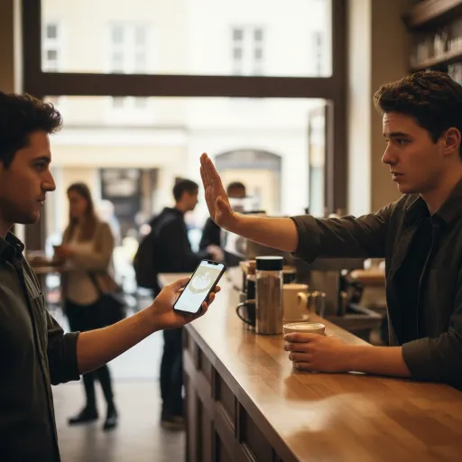 Two men face each other at a cafe counter while one raises his palm in a stopping gesture toward the other, who is holding out a smartphone. Warm light, blurred background customers, and a serious expression create a tense interaction.