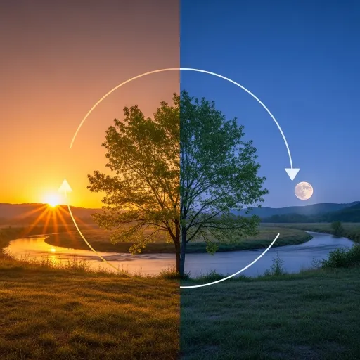 A riverside landscape is split between warm sunrise or sunset on the left and cool moonlit night on the right. A tree stands at the center, surrounded by white circular arrows suggesting a repeating cycle.