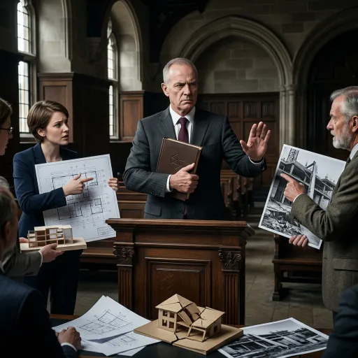 A stern man in a suit stands at a lectern holding a book and raising a stopping hand while others present blueprints, building photos, and architectural models around him in a dim formal hall.
