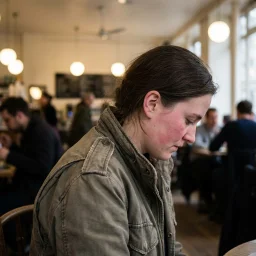 A person in a worn olive jacket sits in profile at a cafe table with their head lowered and eyes down. A reddish cheek, closed posture, warm pendant lights, and blurred background patrons create a subdued, possibly self-conscious scene.