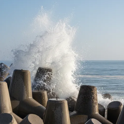A wave crashes against concrete coastal barriers, sending white spray high into the air. Calm blue ocean and pale sky sit behind the wave breakers.