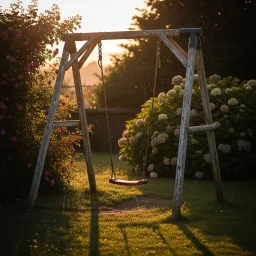 An empty wooden garden swing hangs from a weathered frame in golden evening light, surrounded by flowering shrubs and grass. Long shadows and soft backlighting give the scene a quiet, reflective atmosphere.