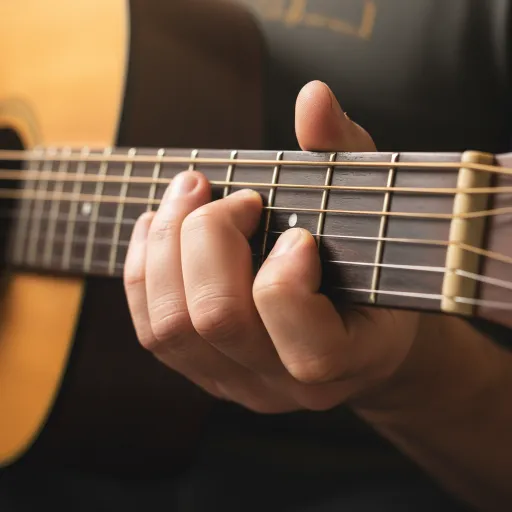 Close-up of fingers pressing strings on the dark wooden fingerboard of an acoustic guitar, with metal frets, a position marker, and the guitar body softly blurred in warm light.
