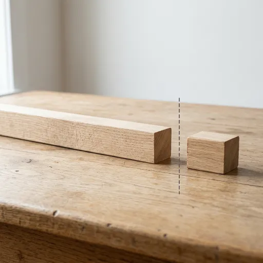 A long wooden beam and a small separated block rest on a wooden table, with a vertical dashed line marking the cut point between them. The scene visually suggests a piece being shortened or truncated.