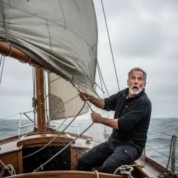 A startled-looking man grips ropes on a small wooden sailboat as spray flies around him. A gray sail and rigging dominate the scene, with choppy water and a cloudy sky behind him.