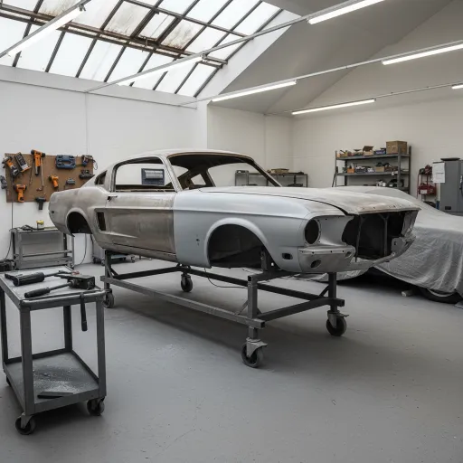 A stripped classic car body sits on a wheeled frame in a bright workshop, partly disassembled but visibly being restored. Tools, shelves, overhead lights, and a covered vehicle surround the repair scene.