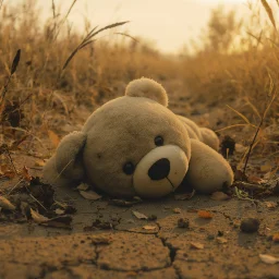 A tan teddy bear lies on its side on cracked dry ground among fallen leaves and tall grass. Warm golden light and a blurred background make the scene look quiet and deserted.