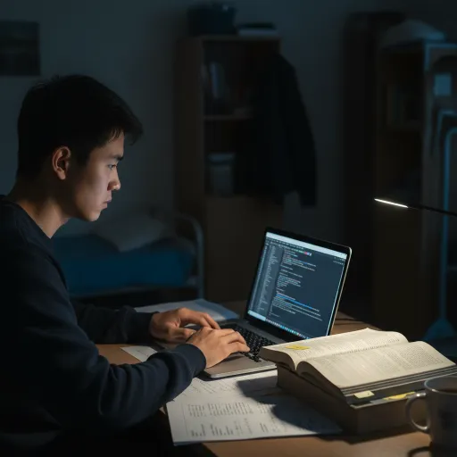 A young person works at a laptop beside open textbooks, papers, notes, and a mug on a dimly lit desk. A desk lamp illuminates the study materials while a bed and shelves sit blurred in the dark background.