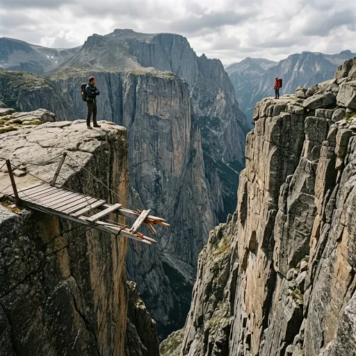 Two backpackers stand on opposite rocky cliffs above a deep mountain gorge. A broken wooden suspension bridge juts out from one side but stops short, leaving the gap visibly uncrossable.