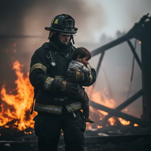 A firefighter in dark gear carries a soot-smudged child through smoke and flames. The scene shows collapsed metal structures behind them, with bright orange fire contrasting against a gray, hazy background.