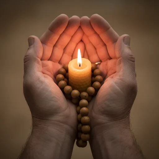 Cupped adult hands hold a small lit candle surrounded by round wooden beads, possibly prayer beads. Warm candlelight illuminates the hands against a softly blurred brown background.