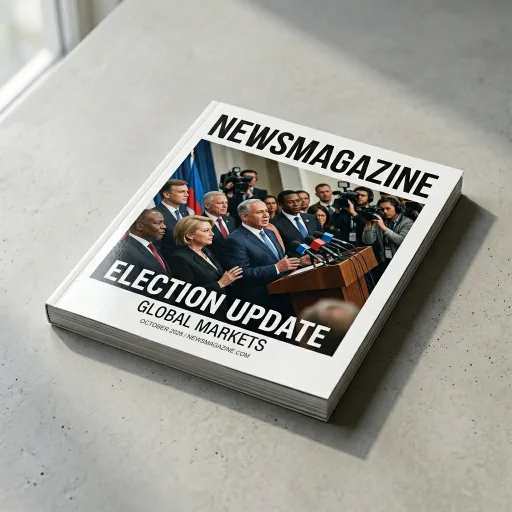 A stack of magazines sits on a gray tabletop, with the top cover titled “NEWSMAGAZINE.” The cover shows a press conference photo and the headlines “ELECTION UPDATE” and “GLOBAL MARKETS.”