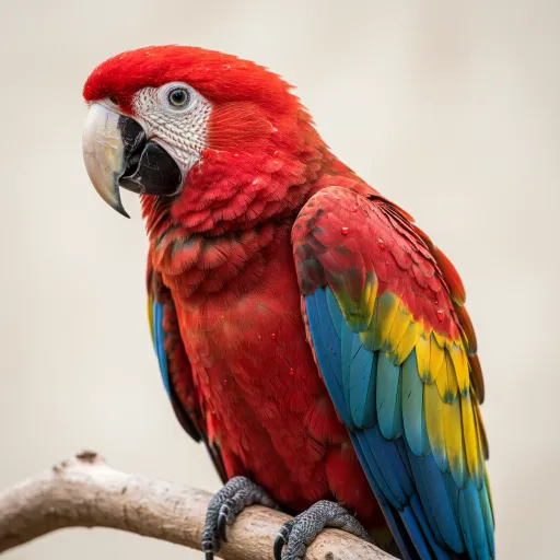 A brightly colored red parrot perches on a pale branch, with blue, turquoise, yellow, and green wing feathers. The close-up photograph shows detailed feathers, water droplets, a hooked beak, and a softly blurred beige background.
