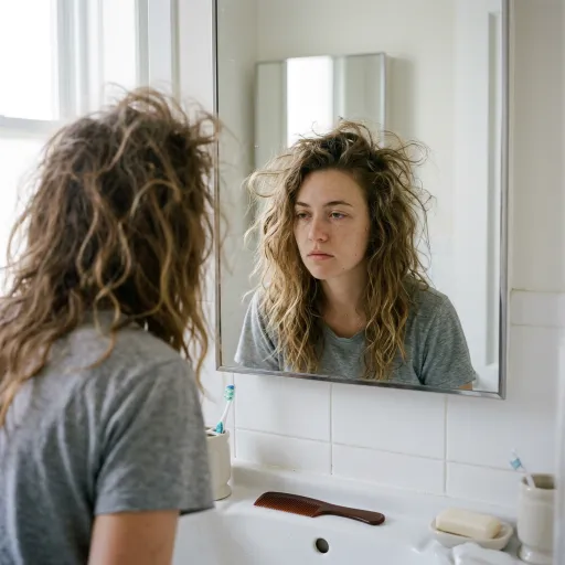 A young woman with loose, tangled, uncombed hair looks at herself in a bathroom mirror. A comb, soap, and toothbrushes sit on the white sink below.