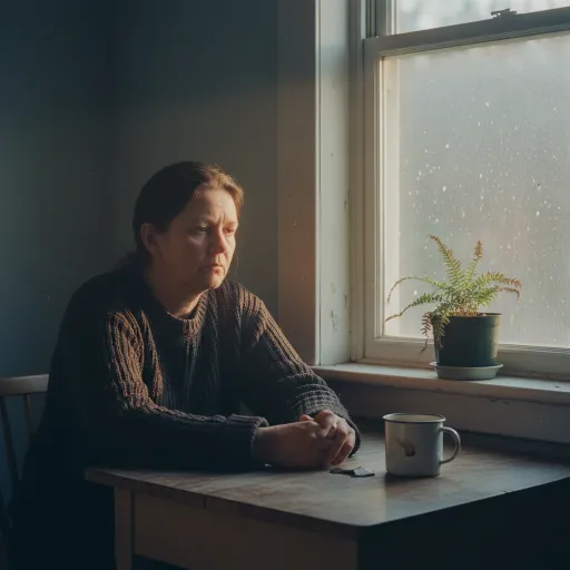 An adult woman in a dark sweater sits alone at a wooden table by a bright, cloudy window, hands clasped and face serious. A mug and small potted fern sit nearby in the dim, quiet room.