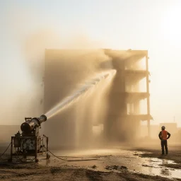 A water cannon sprays a partially demolished building through thick dust while a worker in a hard hat and orange vest watches from muddy ground. Golden haze and wet puddles fill the scene.