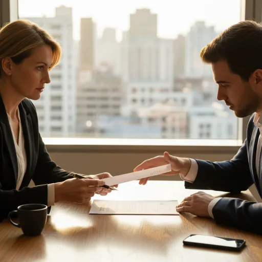 Two business-dressed adults sit across a wooden table by a bright window, both holding or exchanging a sheet of paper. A document, mug, and smartphone are on the table, with a blurred city skyline behind them.