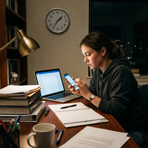 A young person sits at a late-night study desk, using a smartphone beside an open laptop with a blank document, notebooks, papers, books, a lamp, and a wall clock nearby.